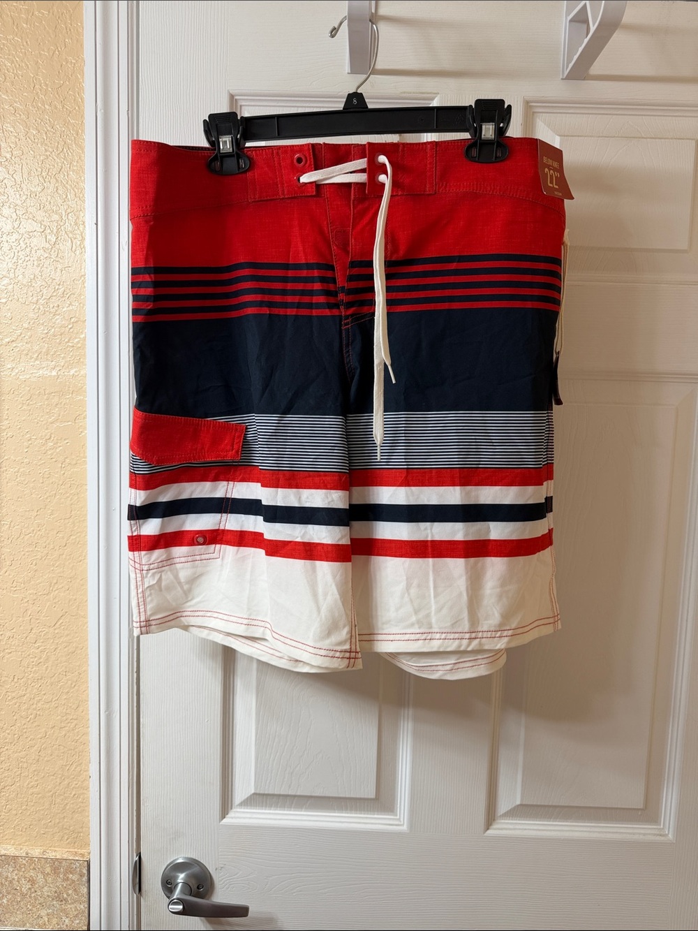 Men's Red, Navy & White Striped Swim Trunks